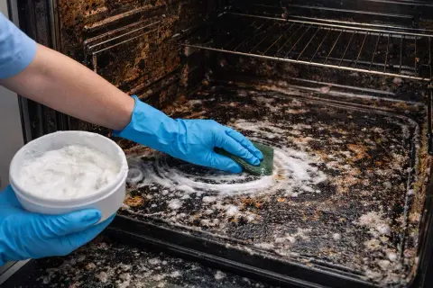 Mano con guanto blu pulisce un forno incrostato con una spugna e una pasta bianca.
