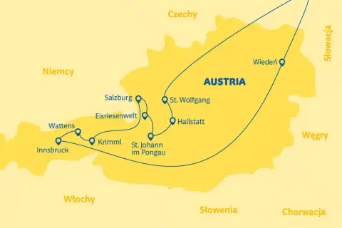 Mapa Austrii z zaznaczoną trasą objazdową przez miasta takie jak Wiedeń, Salzburg, Hallstatt i Innsbruck.