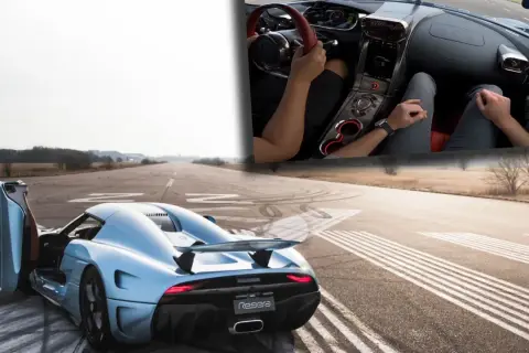 Błękitny Koenigsegg Regera z otwartymi drzwiami na pasie startowym. W środku widać kierowcę i prędkościomierz pokazujący 304 km/h.