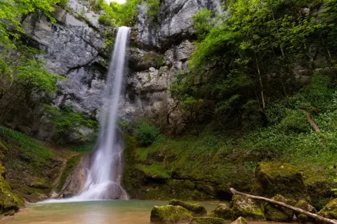 La cascade de la quinquenouille dévale une falaise rocheuse, entourée d'une végétation luxuriante et verdoyante. L'eau forme un bassin clair au pied de la chute.
