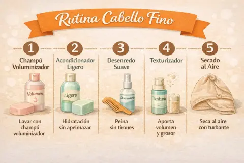 Rutina para cabello fino: champú voluminizador, acondicionador ligero, desenredante, texturizador y secado al aire con turbante.