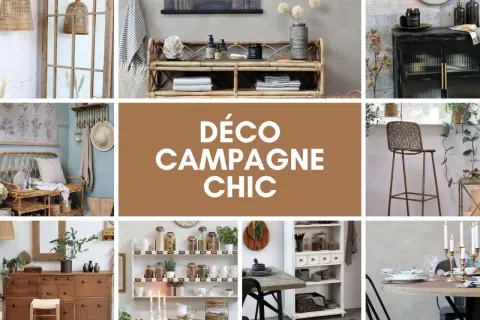 Ambiance campagne chic : rotin, bois brut, bocaux en verre, et touches végétales pour un intérieur chaleureux et élégant.