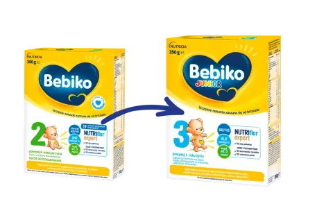 Dwa opakowania mleka modyfikowanego Bebiko: dla dzieci powyżej 6. miesiąca życia (nr 2) i powyżej 1. roku życia (Junior nr 3). Dowiedz się, jak przygotować mleko modyfikowane.