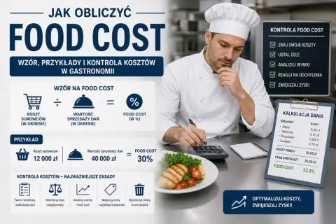 Szef kuchni analizuje koszty operacyjne przykłady, obliczając food cost. Na ekranie wzór, kalkulacja dania i zasady kontroli kosztów.