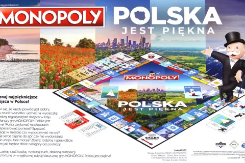 Monopoly Polska: plansza gry z widokami Polski, Mr. Monopoly i polskimi miejscami.