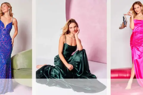 Drei Frauen in eleganten Abendkleidern: blau-glitzernd, smaragdgrün und pink.