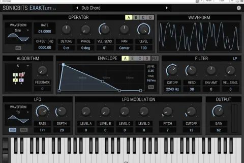 Ein kostenloses Synth-Interface mit Wellenform, Hüllkurve, LFO und Filter-Einstellungen.
