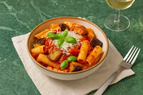 Eine Schüssel Pasta alla Norma mit Auberginen, Tomatensauce und Basilikum, garniert mit geriebenem Käse.