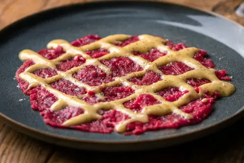 Rotes Carpaccio auf dunklem Teller mit gelber Sauce und Pfeffer bestreut.