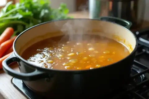 Gotujący się rosół w garnku, obok marchewki i zieleniny. Idealny czas, jak długo gotować rosół, by był pyszny.