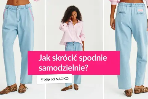 Jak skrócić spodnie materiałowe? Protip od NAOKO. Modelka w jasnych jeansach i różowej koszuli.