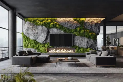 Moderne Wandgestaltung mit Stein und Moos, Kamin und Fernseher. Ein luxuriöses Wohnzimmer mit Blick auf die Stadt.