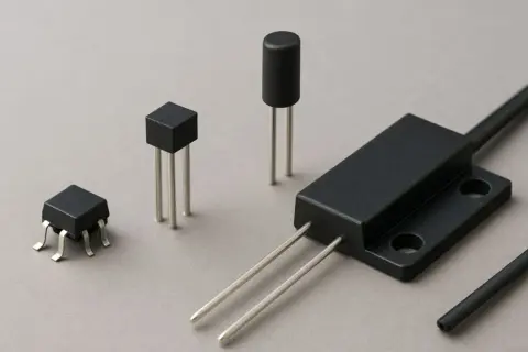 Różne rodzaje czujników magnetycznych: miniaturowe obudowy z wyprowadzeniami, cylindryczny element oraz większy moduł z dwoma bolcami, przypominające działaniem kontaktron.