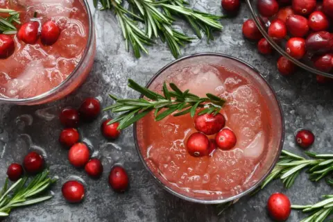 Dwa drinki z żurawiną i rozmarynem na ciemnym tle, otoczone świeżymi owocami i gałązkami.