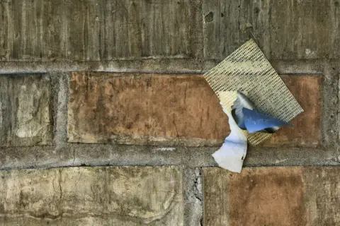 Fragment starej ceglanej ściany z resztkami siatki i papieru. Ciekawi mnie, ile schnie zaprawa murarska w takich warunkach.