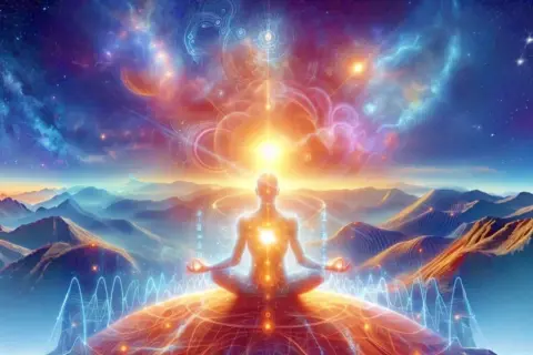 Eine Person meditiert im Lotussitz auf einem Berg, umgeben von kosmischen Lichtern und Wellen. Das "Ohm" erklingt in der Stille.