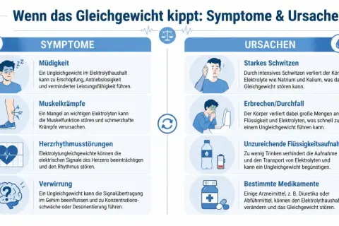 Infografik zeigt, was sind Elektrolyte und welche Symptome und Ursachen bei einem Ungleichgewicht auftreten, z.B. Müdigkeit, Krämpfe, Schwitzen.