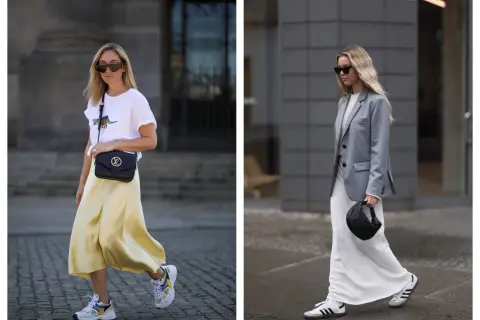 Due donne sfoggiano un outfit elegante con sneakers. Una con gonna gialla e t-shirt, l'altra con abito bianco e blazer grigio.