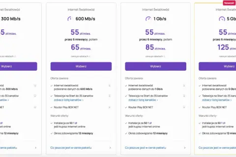 Pakiety internetowe i telewizyjne od telewizja max play: światłowód 300 Mb/s, 600 Mb/s, 1 Gb/s i 5 Gb/s.