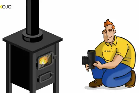 Hombre con tubo de chimenea junto a estufa de leña encendida. Controlar la temperatura del tubo chimenea leña es clave.