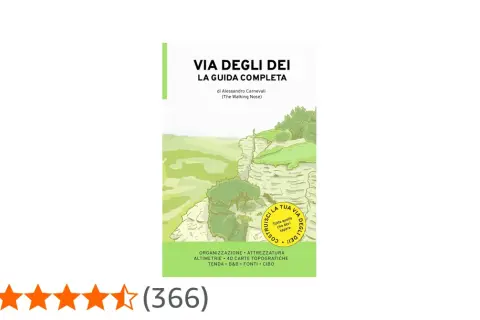 Copertina guida "Via degli Dei", con paesaggio montano e un escursionista. Perfetta per chi cerca una dubbel birra dopo il cammino.