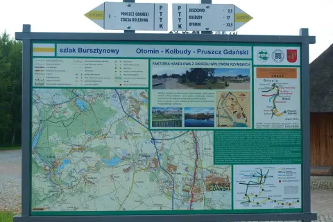 Mapa Szlaku Bursztynowego Otomin - Kolbudy - Pruszcz Gdański. Znajdziesz tu informacje o atrakcjach, odległościach i przebiegu trasy.