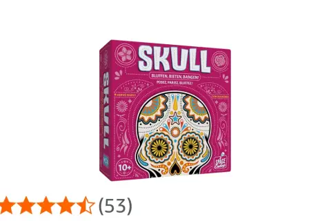 Pudełko gry karcianej "Skull" w kolorze fuksji z ozdobną czaszką. Idealna na wieczory z przyjaciółmi, gdzie liczy się blef i strategia.