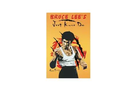 Bruce Lee i hans ikoniska stil, redo att utöva jeet kune do. Bakgrunden har en stiliserad drake.
