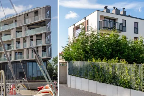 Nowoczesne osiedle z widokiem na wodę i zieleń. Budynki o ciekawej architekturze, z balkonami i tarasami.