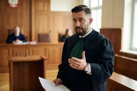 Prawnik w todze omawia kwestie wydziedziczenia i zachowku w sali sądowej.