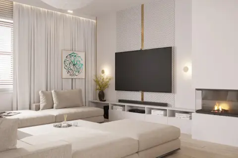 Nowoczesna aranżacja ściany w salonie z telewizorem, kominkiem i wygodną kanapą.