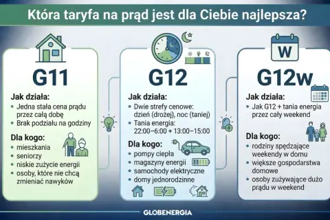 Porównanie taryf prądu: G11 (jedna cena), G12 (dwie strefy cenowe) i G12w (dwie strefy + weekend). Wybierz najlepszą dla siebie, np. taryfa g11 tauron dla seniorów.
