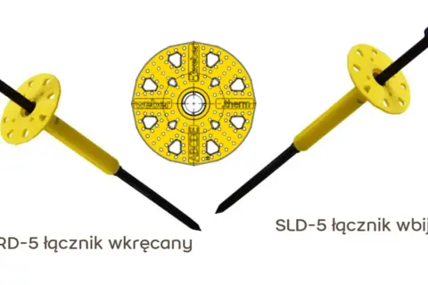 Dwa kołki do wełny elewacyjnej: wkręcany i wbijany, obok schematu talerzyka mocującego.