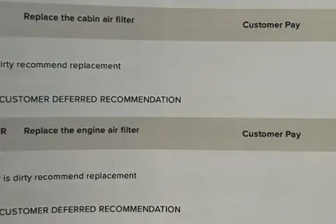 Serviceprotokoll visar rekommendation att byta kupéfilter. Frågan "hur ofta byta kupefilter" besvaras indirekt då det rekommenderas vid smuts.