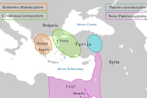Mapa Europy i Bliskiego Wschodu z zaznaczonymi obszarami: Grecja, Troja, Egipt, Syria, Bułgaria, państwa Luwijczyków i Mykeńczyków.