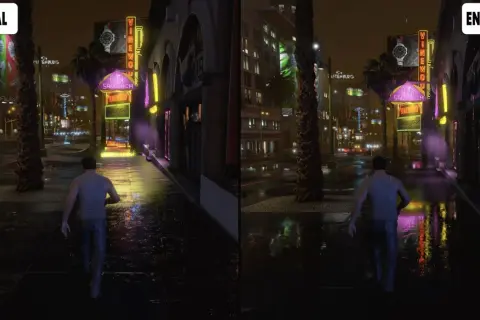Porównanie grafiki GTA 5: "Normal" vs "Enhanced". Lepsza jakość obrazu i detali, gdy spełnione są gta 5 wymagania.