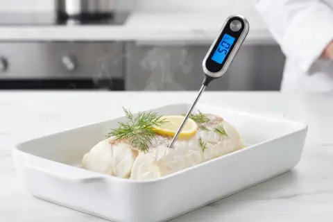 En vit fisk i ugnsform med citron och dill. En digital termometer visar vit fisk temperatur: 59°C.