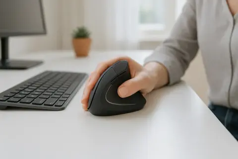 En hand håller en ergonomisk datormus. Ett tangentbord och en datorskärm syns i bakgrunden.