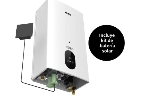 Calentador estanco "ATENAS" con kit de batería solar. Muestra la diferencia entre calentador estanco y atmosférico.