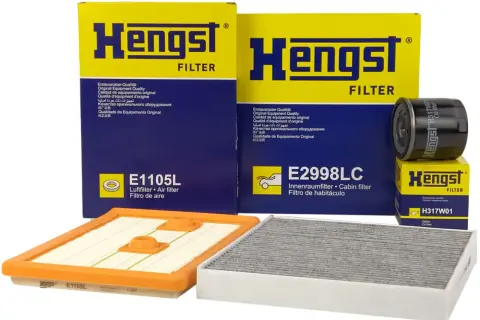 Zestaw filtrów Hengst: filtr powietrza E1105L, kabinowy E2998LC i olejowy H317W01.