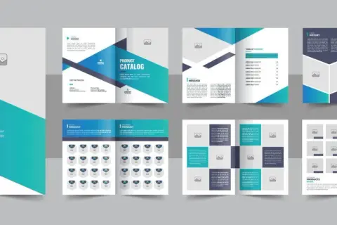 A modern product catalog template featuring a striking teal and navy design. This template showcases various layouts for product listings, company history, and featured items.