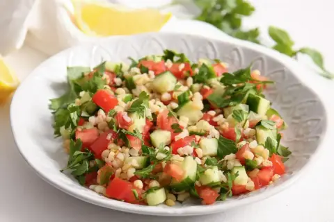 Orzeźwiająca sałatka z kaszą bulgur, pomidorami, ogórkiem i natką pietruszki, podana z cytryną.