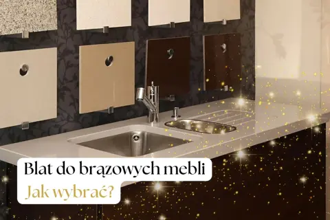Próbki blatów kuchennych w różnych odcieniach, od jasnych po brązowe, prezentowane nad zlewem. Jak dobrać kolor blatu do mebli kuchennych?