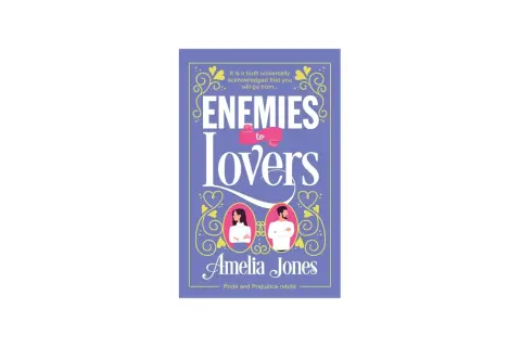 Okładka książki "Enemies to Lovers" Amelii Jones. Dwie postacie w medalionach, symbolizujące przemianę od wrogów do zakochanych.