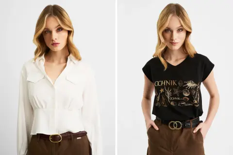 Dwie stylizacje pokazujące, jak nosić pasek damski: brązowy z białą koszulą i czarny z T-shirtem.
