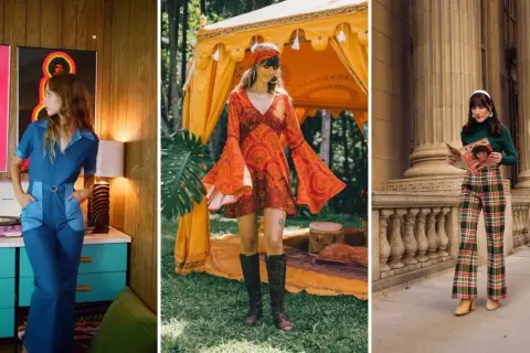 Kobiety w stylizacjach z lat 70.: dżinsowy kombinezon, sukienka w stylu boho i kraciaste spodnie.