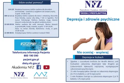 Obraz przedstawia informacje o depresji i zdrowiu psychicznym, w tym numery telefonów zaufania, które mogą pomóc osobom doświadczającym objawów psychotycznych.