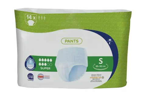Verpackung mit 14 Stück Inkontinenz Pants, Größe S (65-90 cm), für diskreten Schutz und Trockenheit.