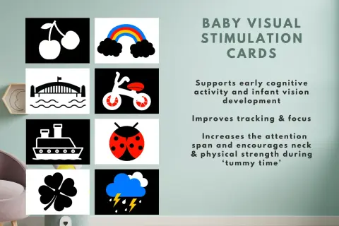 Baby visual stimulation cards featuring cherries, rainbow, bridge, bike, ship, ladybug, clover, and storm clouds. Perfect for infant vision development.
