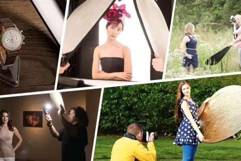 Collage showing how to use bounce lighting with reflectors and diffusers for product and portrait photography.